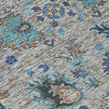 3' X 5' Pewter And Teal Blue Floral Washable Indoor Outdoor Area Rug