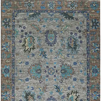 5' X 8' Pewter And Teal Blue Floral Washable Indoor Outdoor Area Rug