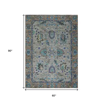 5' X 8' Pewter And Teal Blue Floral Washable Indoor Outdoor Area Rug