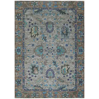 5' X 8' Pewter And Teal Blue Floral Washable Indoor Outdoor Area Rug