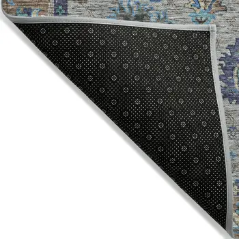5' X 8' Pewter And Teal Blue Floral Washable Indoor Outdoor Area Rug