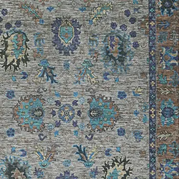 5' X 8' Pewter And Teal Blue Floral Washable Indoor Outdoor Area Rug