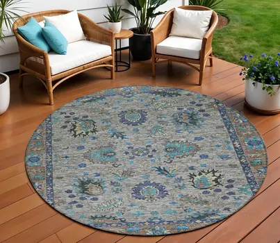 8' Pewter And Teal Blue Round Floral Washable Indoor Outdoor Area Rug