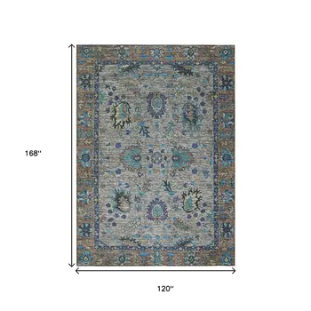 10' X 14' Pewter And Teal Blue Floral Washable Indoor Outdoor Area Rug