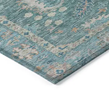 3' X 5' Teal Blue And Beige Floral Washable Indoor Outdoor Area Rug