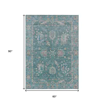 5' X 8' Teal Blue And Beige Floral Washable Indoor Outdoor Area Rug