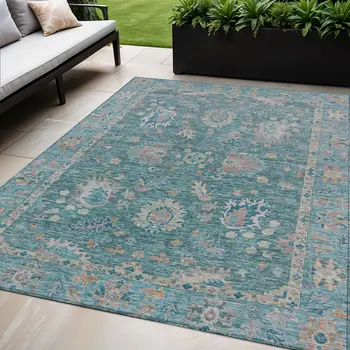 5' X 8' Teal Blue And Beige Floral Washable Indoor Outdoor Area Rug
