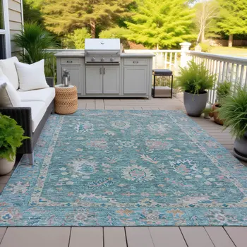 5' X 8' Teal Blue And Beige Floral Washable Indoor Outdoor Area Rug