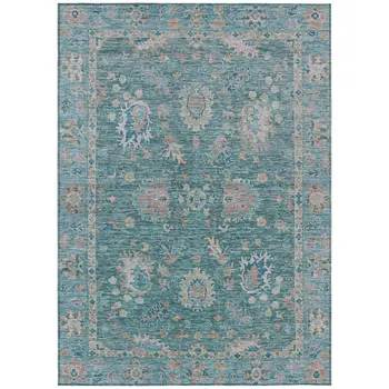 5' X 8' Teal Blue And Beige Floral Washable Indoor Outdoor Area Rug