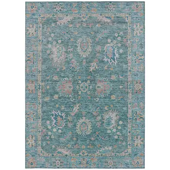 5' X 8' Teal Blue And Beige Floral Washable Indoor Outdoor Area Rug