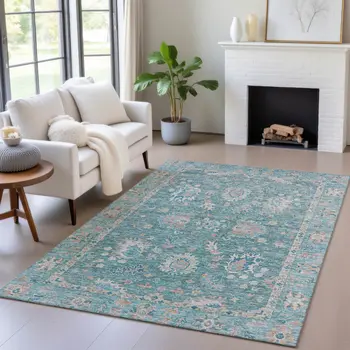 5' X 8' Teal Blue And Beige Floral Washable Indoor Outdoor Area Rug