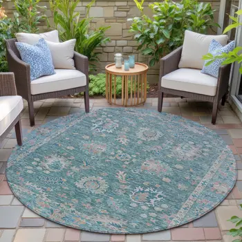 8' Teal Blue And Beige Round Floral Washable Indoor Outdoor Area Rug