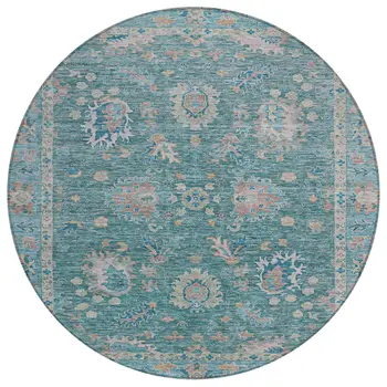 8' Teal Blue And Beige Round Floral Washable Indoor Outdoor Area Rug