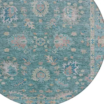 8' Teal Blue And Beige Round Floral Washable Indoor Outdoor Area Rug