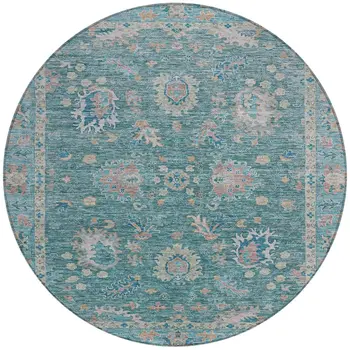8' Teal Blue And Beige Round Floral Washable Indoor Outdoor Area Rug
