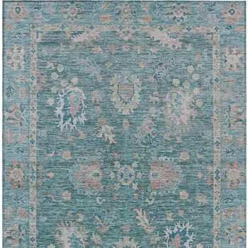8' X 10' Teal Blue And Beige Floral Washable Indoor Outdoor Area Rug