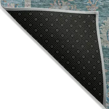 9' X 12' Teal Blue And Beige Floral Washable Indoor Outdoor Area Rug