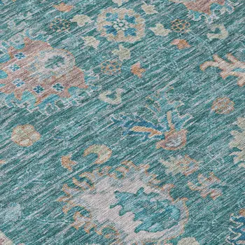 9' X 12' Teal Blue And Beige Floral Washable Indoor Outdoor Area Rug