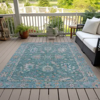 9' X 12' Teal Blue And Beige Floral Washable Indoor Outdoor Area Rug