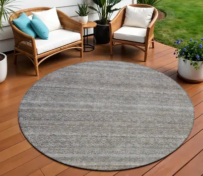 8' Brown And Beige Round Striped Washable Indoor Outdoor Area Rug