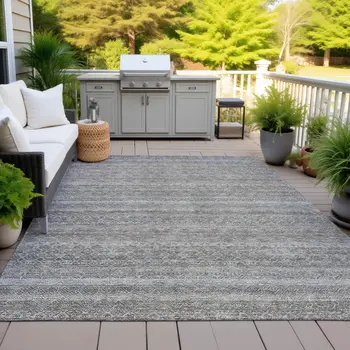 8' X 10' Brown And Beige Striped Washable Indoor Outdoor Area Rug