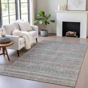 10' X 14' Brown And Beige Striped Washable Indoor Outdoor Area Rug