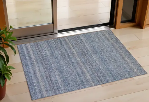 3' X 5' Blue And Sky Blue Striped Washable Indoor Outdoor Area Rug