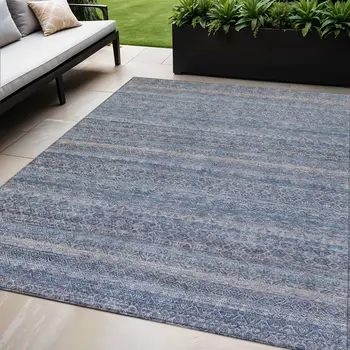 5' X 8' Blue And Sky Blue Striped Washable Indoor Outdoor Area Rug