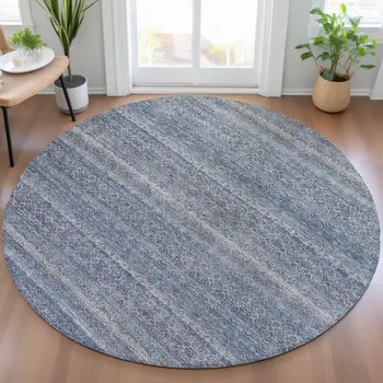 8' Blue And Sky Blue Round Striped Washable Indoor Outdoor Area Rug