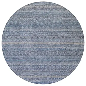 8' Blue And Sky Blue Round Striped Washable Indoor Outdoor Area Rug