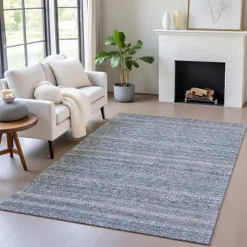 8' X 10' Blue And Sky Blue Striped Washable Indoor Outdoor Area Rug