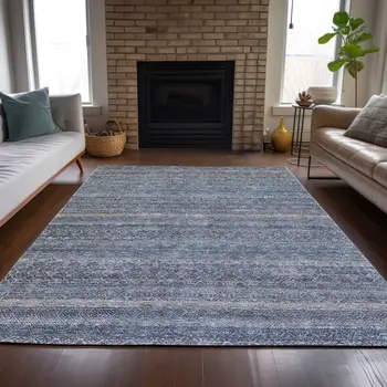 9' X 12' Blue And Sky Blue Striped Washable Indoor Outdoor Area Rug