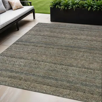 5' X 8' Chocolate And Gray Striped Washable Indoor Outdoor Area Rug