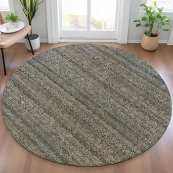 8' Chocolate And Gray Round Striped Washable Indoor Outdoor Area Rug