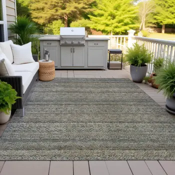 8' X 10' Chocolate And Gray Striped Washable Indoor Outdoor Area Rug