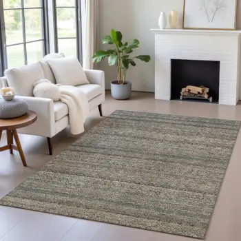 9' X 12' Chocolate And Gray Striped Washable Indoor Outdoor Area Rug