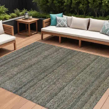 10' X 14' Chocolate And Gray Striped Washable Indoor Outdoor Area Rug