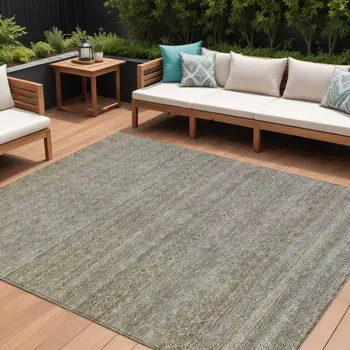 8' X 10' Khaki And Beige Striped Washable Indoor Outdoor Area Rug