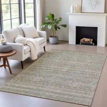 8' X 10' Khaki And Beige Striped Washable Indoor Outdoor Area Rug
