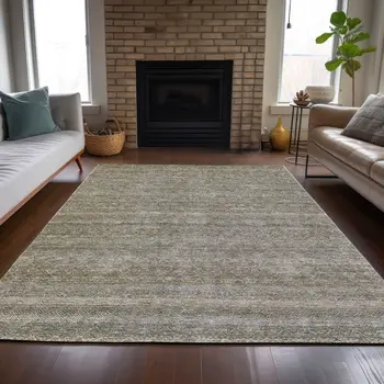 9' X 12' Khaki And Beige Striped Washable Indoor Outdoor Area Rug