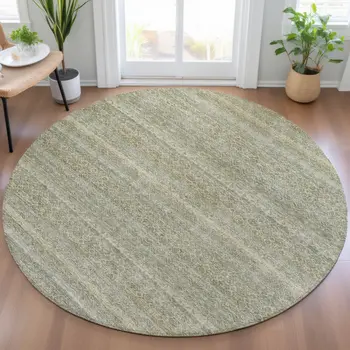 8' Linen And Beige Round Striped Washable Indoor Outdoor Area Rug