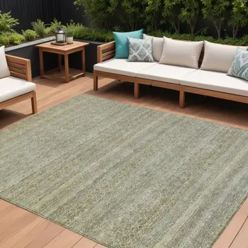 8' X 10' Linen And Beige Striped Washable Indoor Outdoor Area Rug
