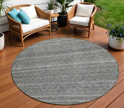 8' Pewter And Gray Round Striped Washable Indoor Outdoor Area Rug