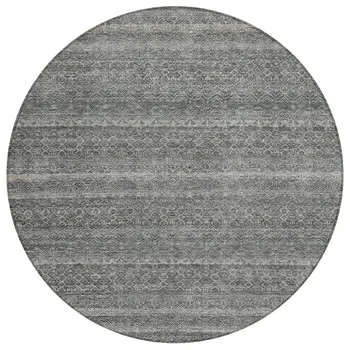 8' Pewter And Gray Round Striped Washable Indoor Outdoor Area Rug