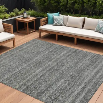 9' X 12' Pewter And Gray Striped Washable Indoor Outdoor Area Rug