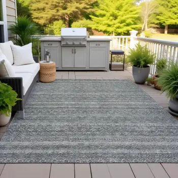 9' X 12' Pewter And Gray Striped Washable Indoor Outdoor Area Rug