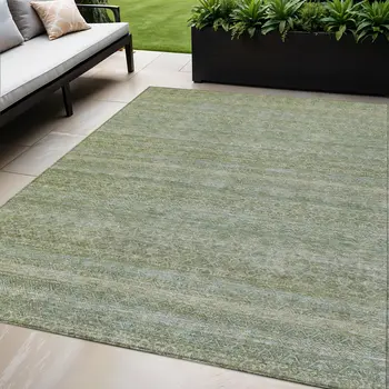 5' X 8' Sage And Ivory Striped Washable Indoor Outdoor Area Rug