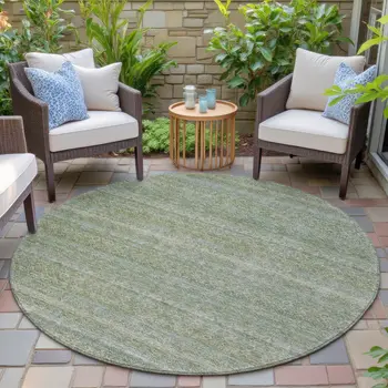 8' Sage And Ivory Round Striped Washable Indoor Outdoor Area Rug