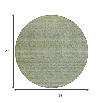 8' Sage And Ivory Round Striped Washable Indoor Outdoor Area Rug
