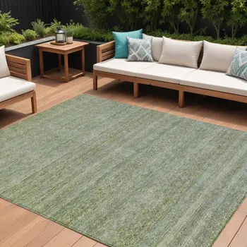 9' X 12' Sage And Ivory Striped Washable Indoor Outdoor Area Rug